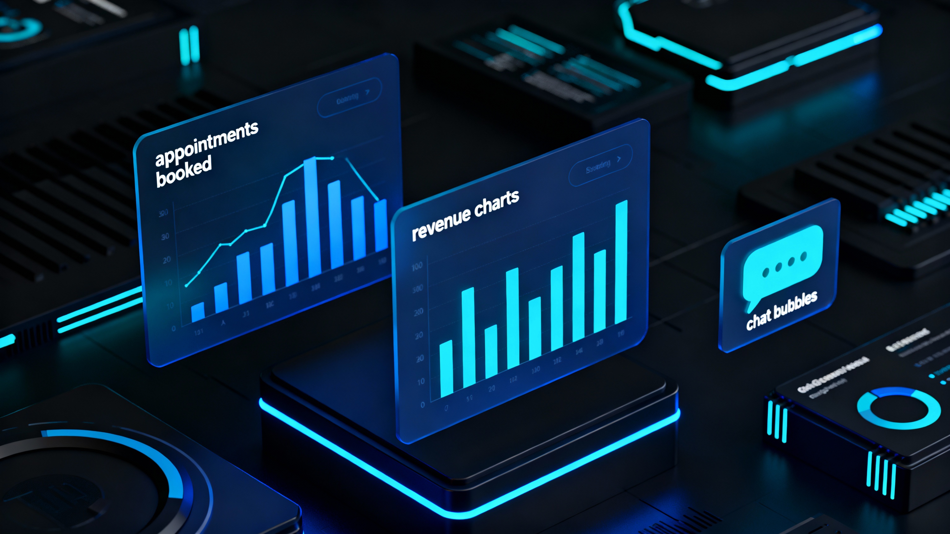 Futuristic AI marketing dashboard with automated results