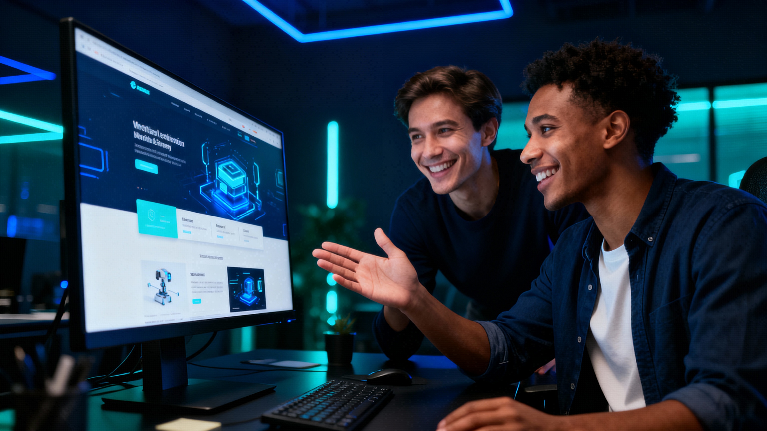 Two business owners happily reviewing a high-converting website together